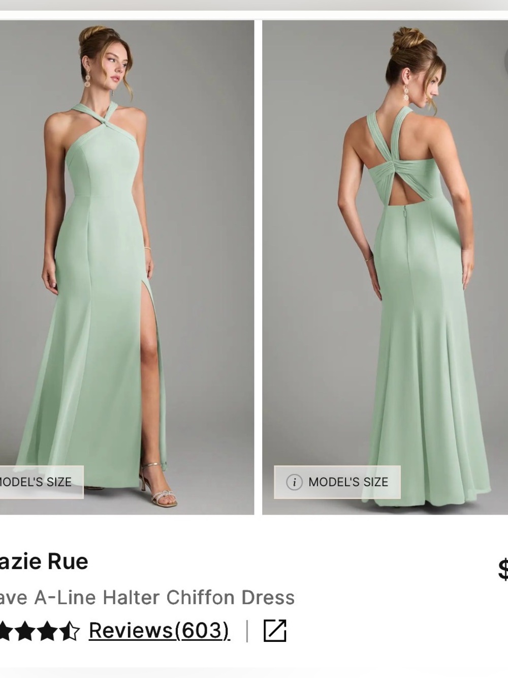 Azazie Rue A-Line Halter Chiffon Dress — Agave, size A6